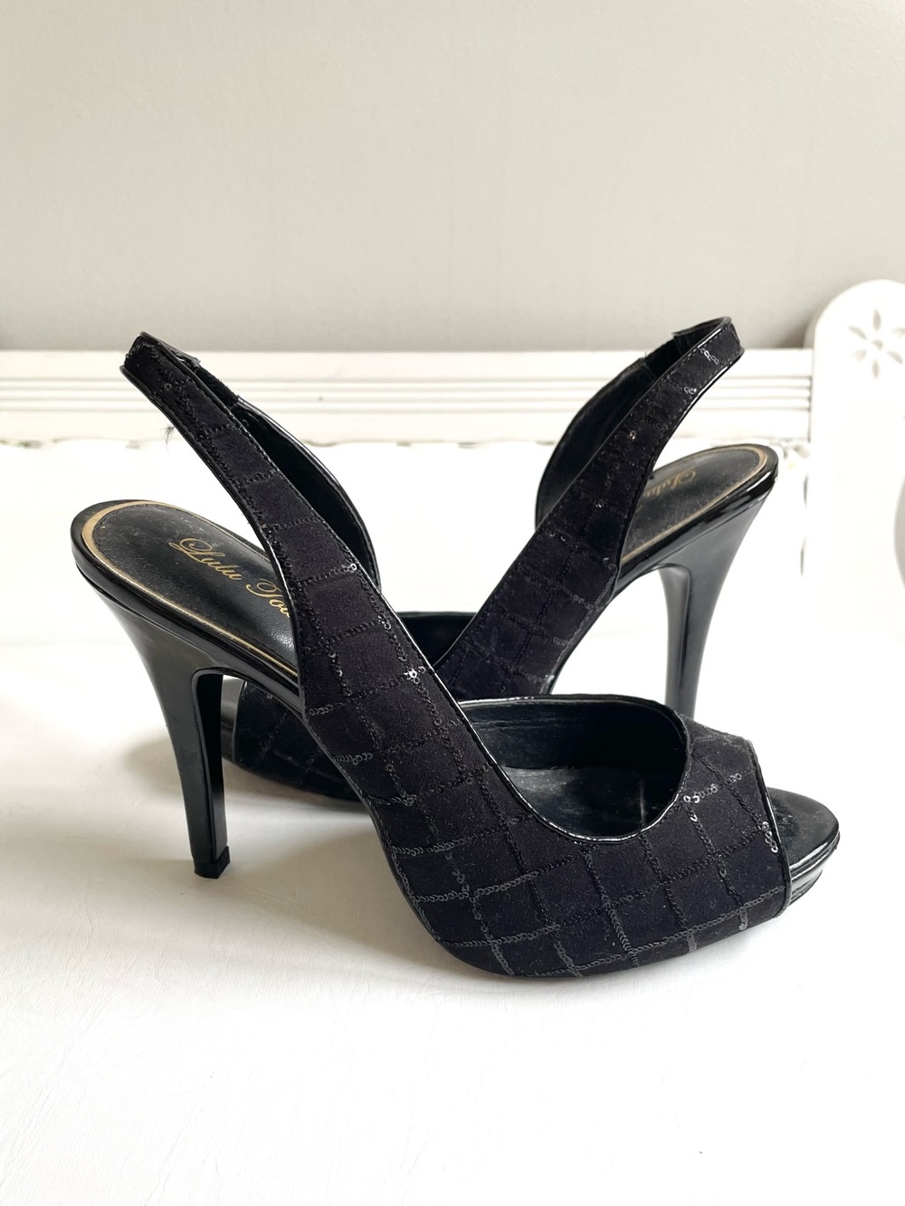 BLACK PATENT LEATHER SLINGBACK SEQUIN DIAMONDS HIGH HEEL SHOE OPEN TOE